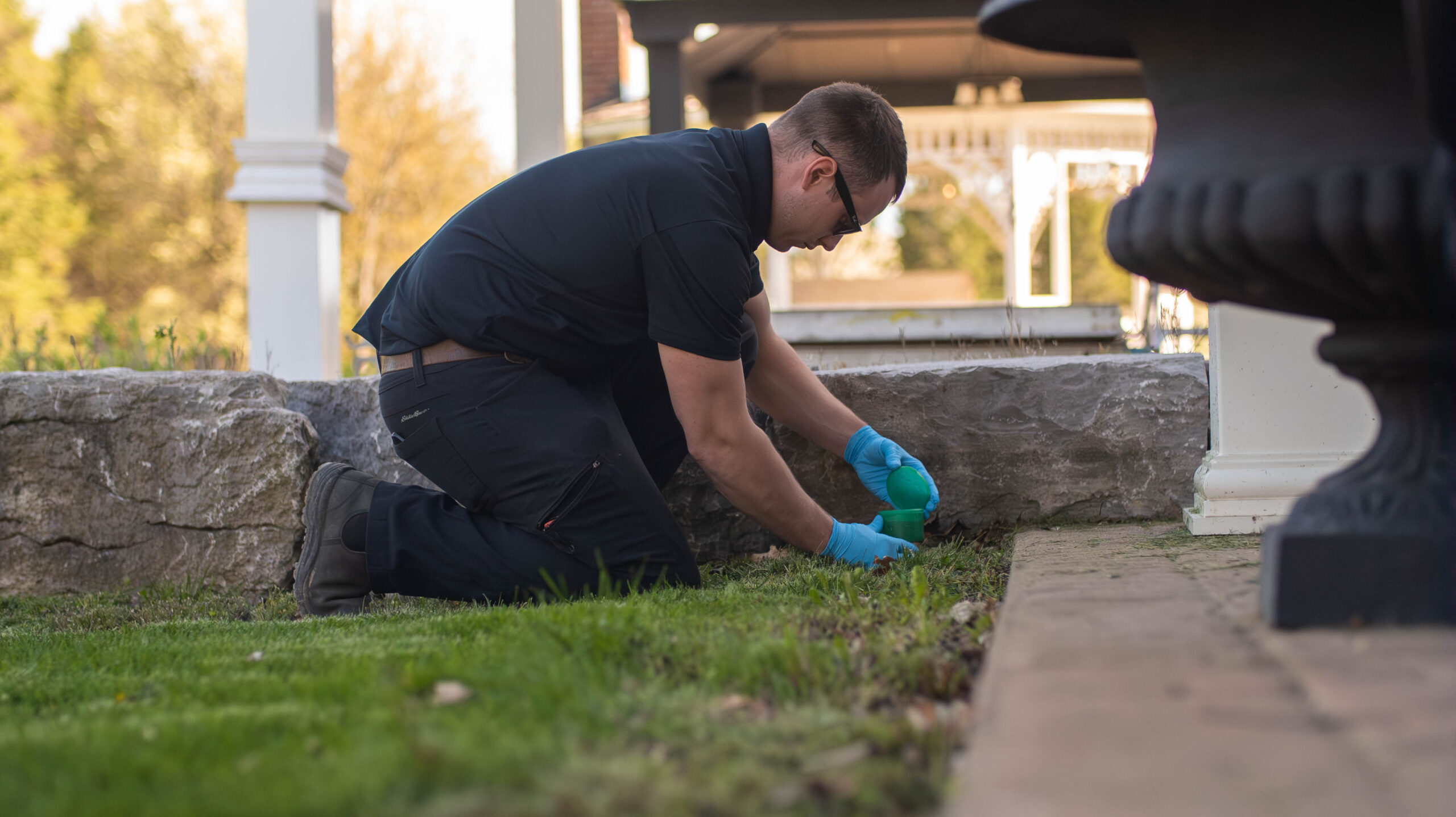 Proactive Pest Control: Its Importance; Forbearance PEst Control; a technician inspecting a yard for infestation.