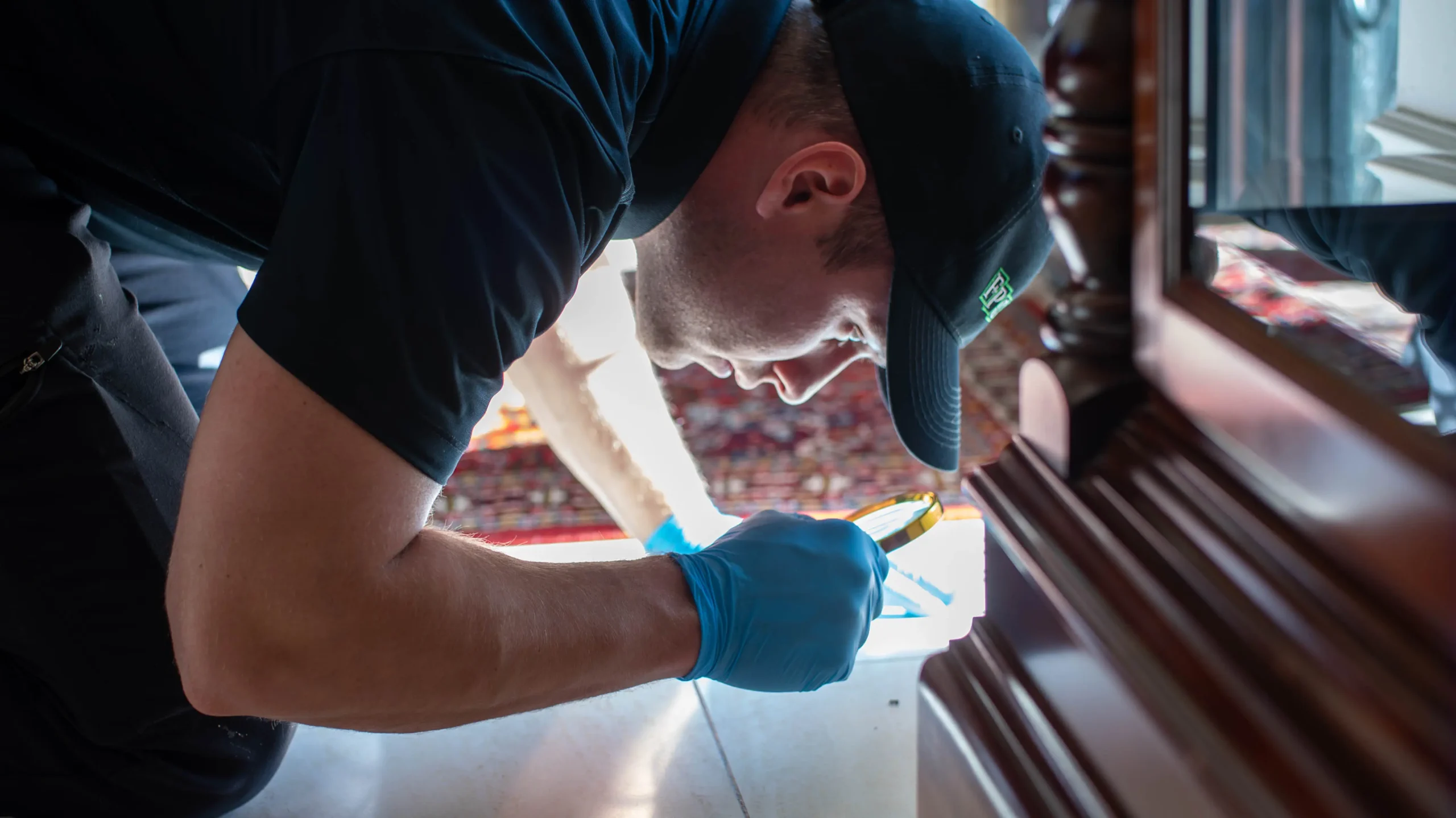 Pest Control Provider: On Choosing the Right One-Forbearance Pest Control-technician in blue uniform inspecting cracks on the floor